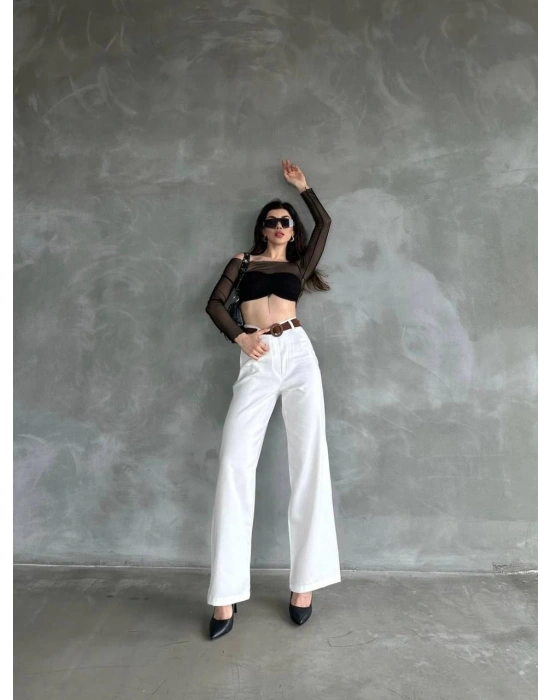 BELİ KEMERLİ KETEN PANTOLON - MAVİ