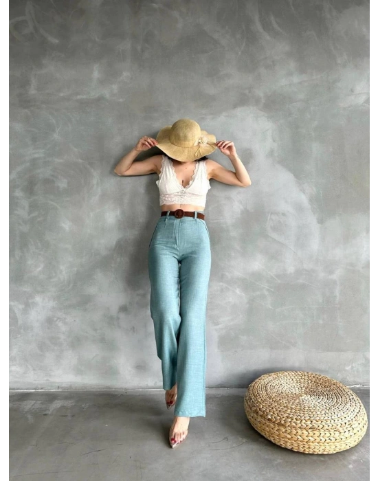 BELİ KEMERLİ KETEN PANTOLON - MAVİ