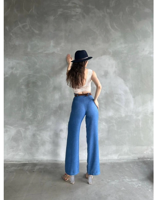 BELİ KEMERLİ KETEN PANTOLON - MAVİ