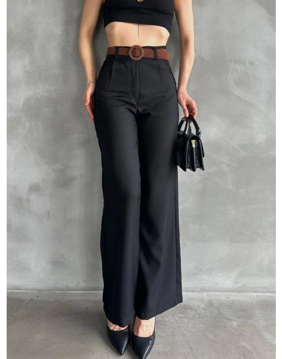 BELİ KEMERLİ KETEN PANTOLON - MAVİ