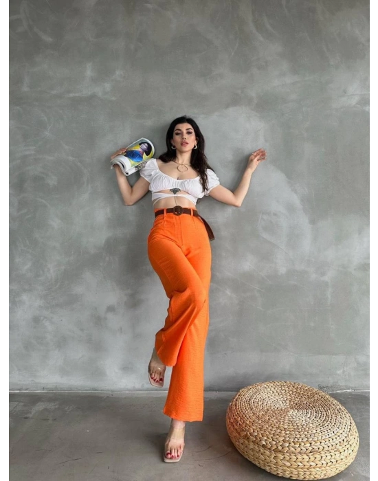 BELİ KEMERLİ KETEN PANTOLON - MAVİ