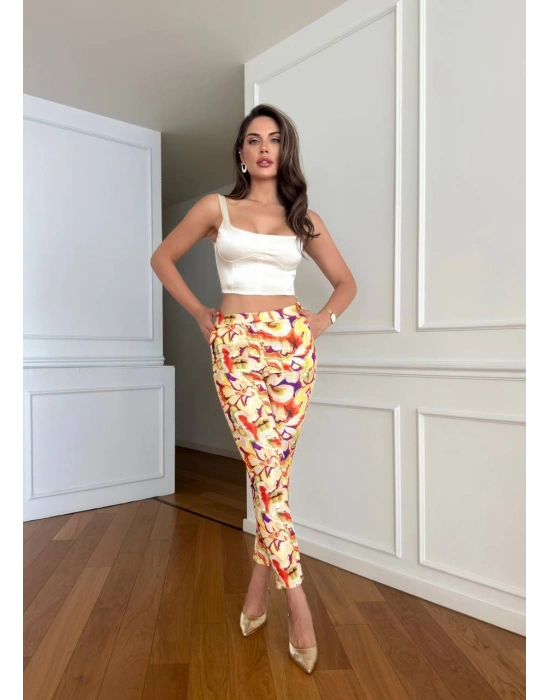 BELİ LASTİKLİ ÇİÇEKLİ DOUBLE PANTOLON LİLA