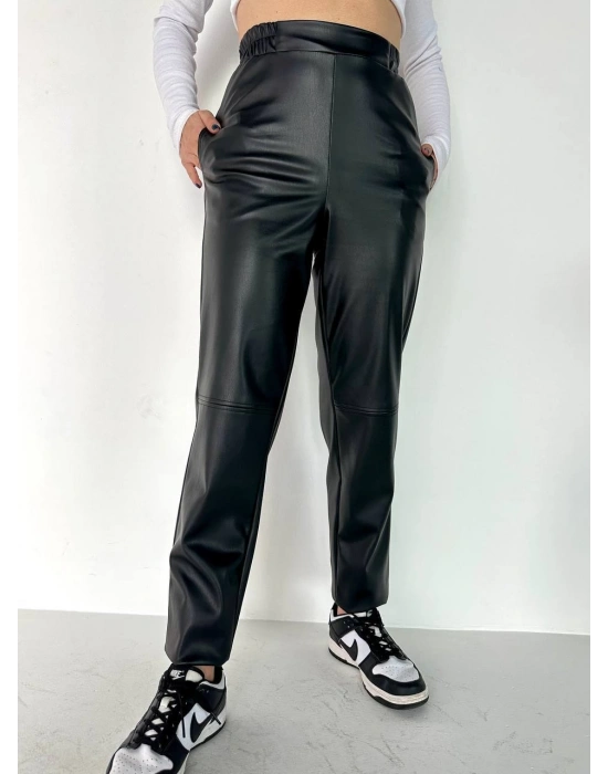 Beli Lastikli Deri Pantolon-Siyah