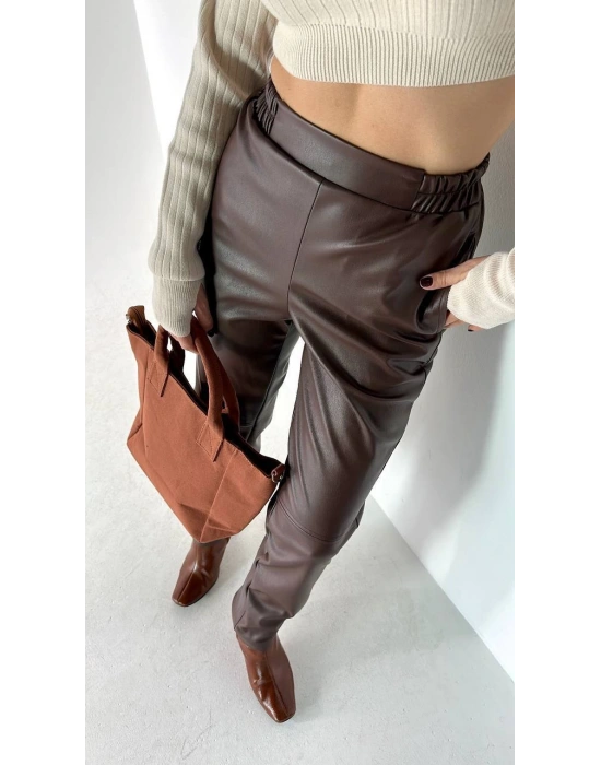 Beli Lastikli Deri Pantolon-Kahve