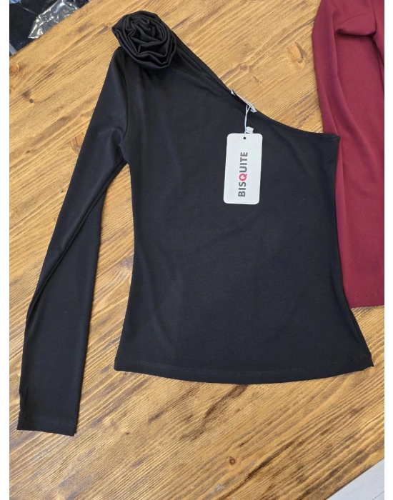 ÇIKARILABİLİR GÜL DETAYLI TEK OMUZ ŞIK BLUZ-SİYAH