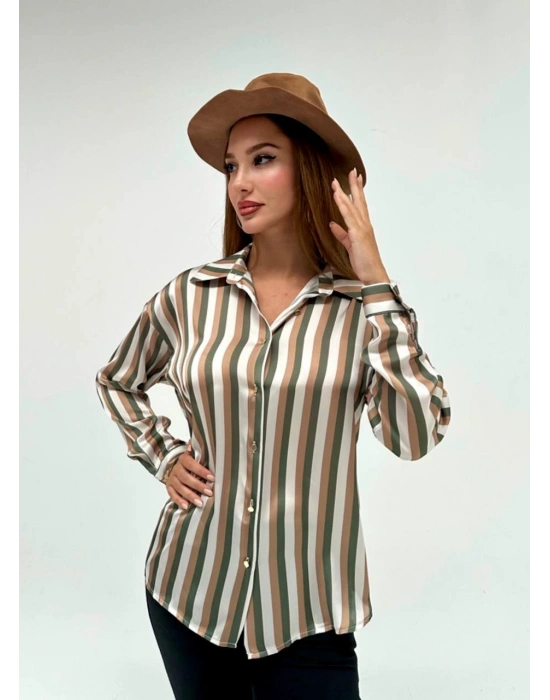 Çizgili İpek Saten Gömlek-Yeşil