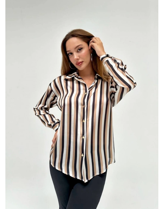 Çizgili İpek Saten Gömlek-Yeşil