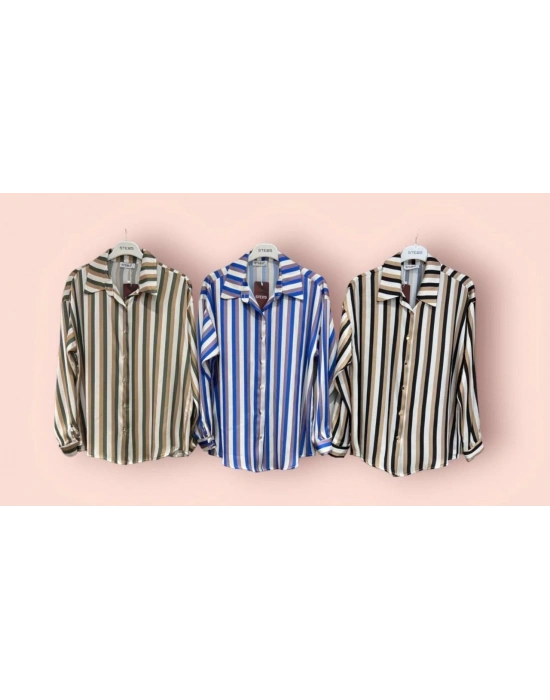 Çizgili İpek Saten Gömlek-Yeşil