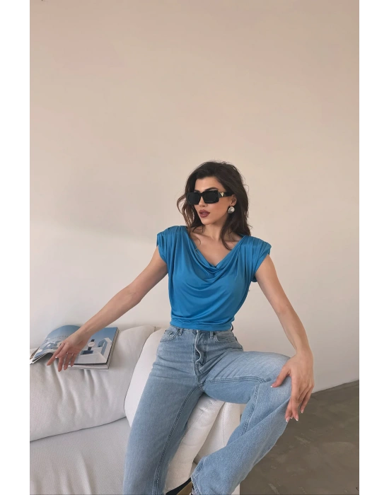 DEGAJE YAKA VATKALI BLUZ-GRİ