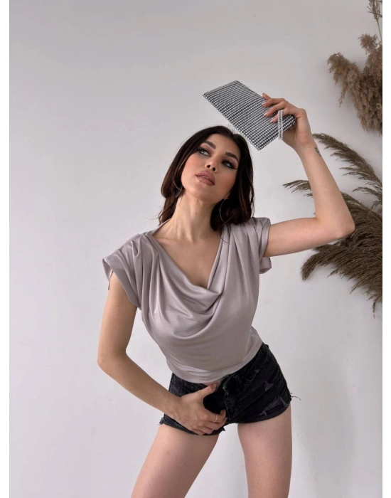 DEGAJE YAKA VATKALI BLUZ-GRİ