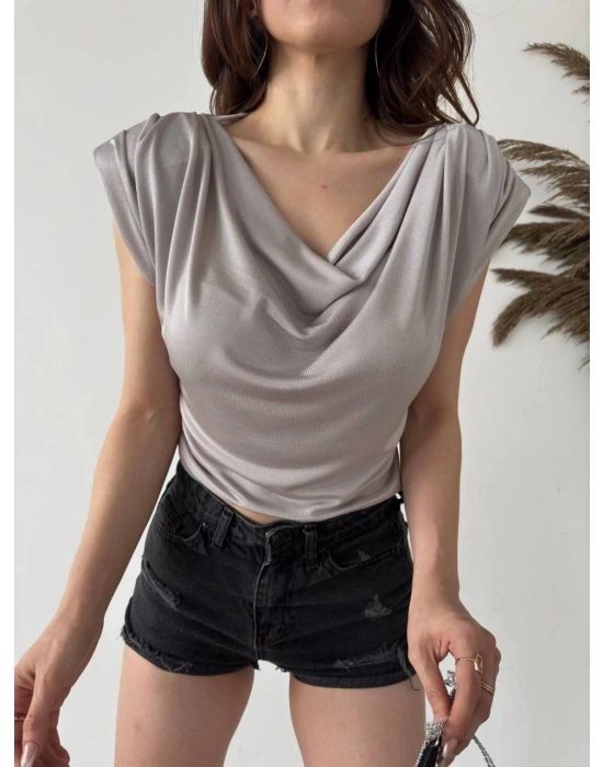 DEGAJE YAKA VATKALI BLUZ-GRİ