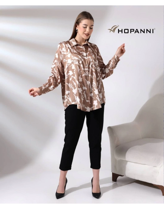 Desenli İpek Saten Gömlek-Somon