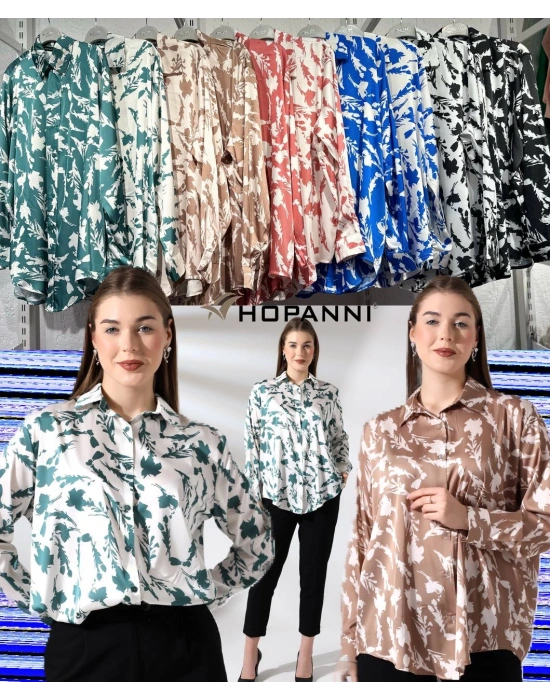 Desenli İpek Saten Gömlek-Yeşil