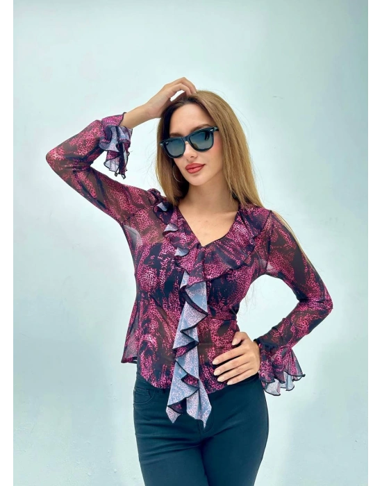 Volanlı Tül Bluz-Astarsız