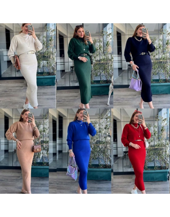 DİK YAKA TRİKO KAZAKLI ELBİSE-SÜTLÜ KAHVE