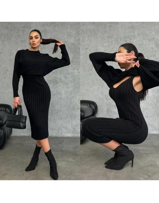 DİK YAKA TRİKO KAZAKLI ELBİSE-KREM