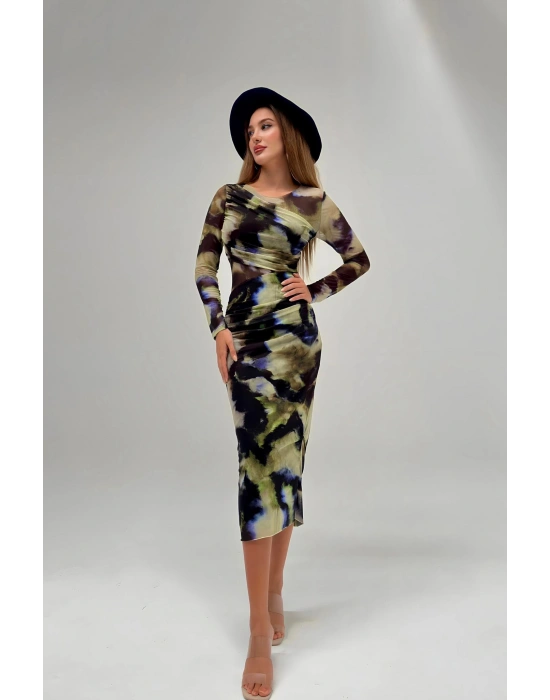 Drapeli Tül Elbise Yeşil