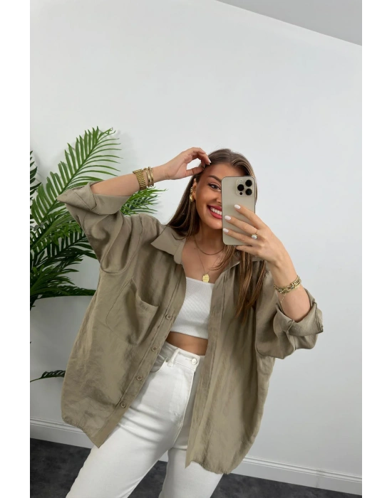 DÜŞÜK OMUZ OVERSİZE TENSEL GÖMLEK OLİVE