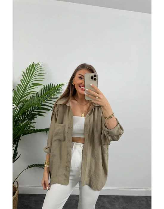 DÜŞÜK OMUZ OVERSİZE TENSEL GÖMLEK OLİVE