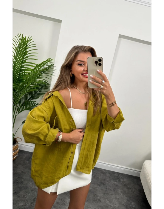 DÜŞÜK OMUZ OVERSİZE TENSEL GÖMLEK YAĞ YEŞİLİ