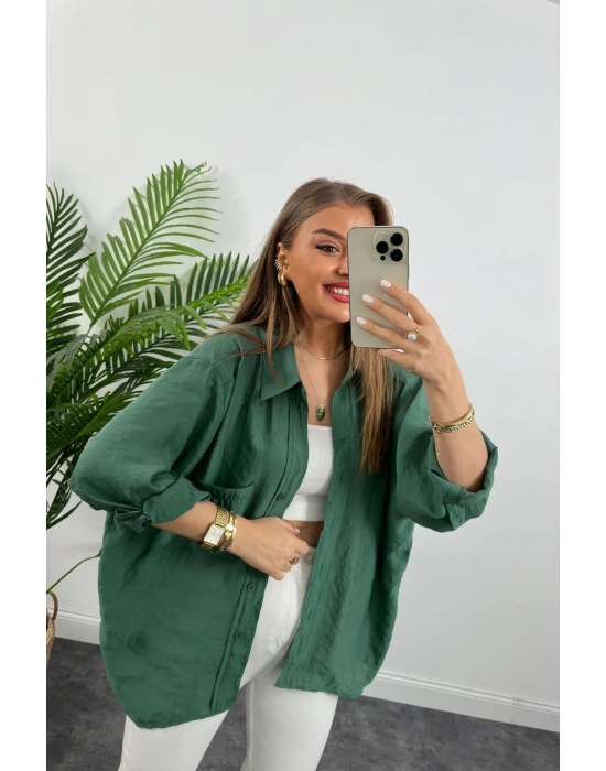 DÜŞÜK OMUZ OVERSİZE TENSEL GÖMLEK ZÜMRÜT