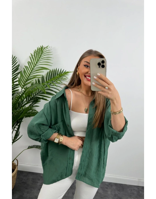 DÜŞÜK OMUZ OVERSİZE TENSEL GÖMLEK ZÜMRÜT