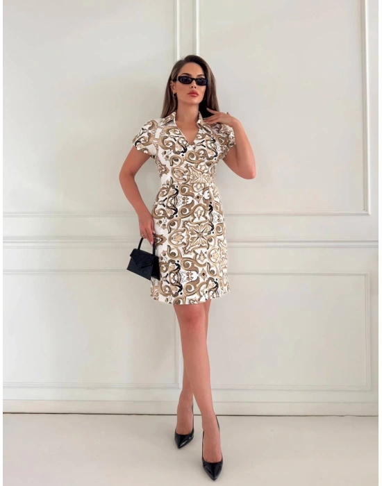 EMPİRME DESENLİ DOUBLE ELBİSE KAHVE