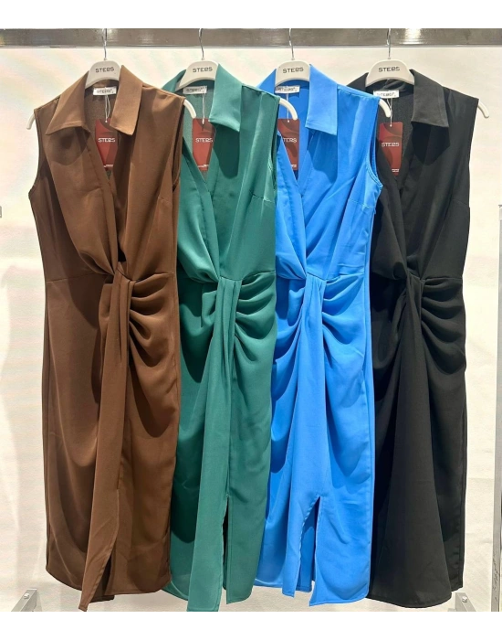 ETEĞİ DÜĞÜMLÜ KOLSUZ KREP ELBİSE-KAHVE