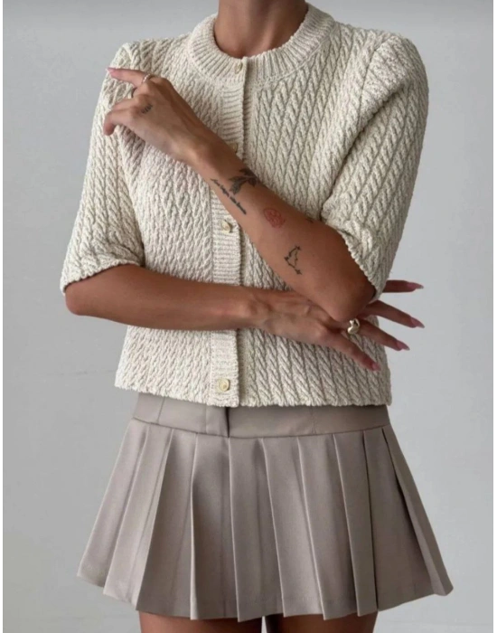 GOLD DÜĞME DETAYLI SİMLİ HIRKA EKRU