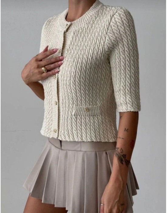 GOLD DÜĞME DETAYLI SİMLİ HIRKA EKRU