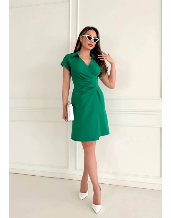 GÖMLEK YAKA DOUBLE KREP KUMAŞ ELBİSE YAĞ YEŞİLİ