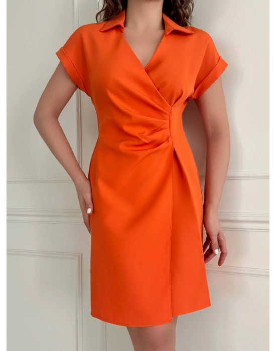 GÖMLEK YAKA DOUBLE KREP KUMAŞ ELBİSE YAĞ YEŞİLİ