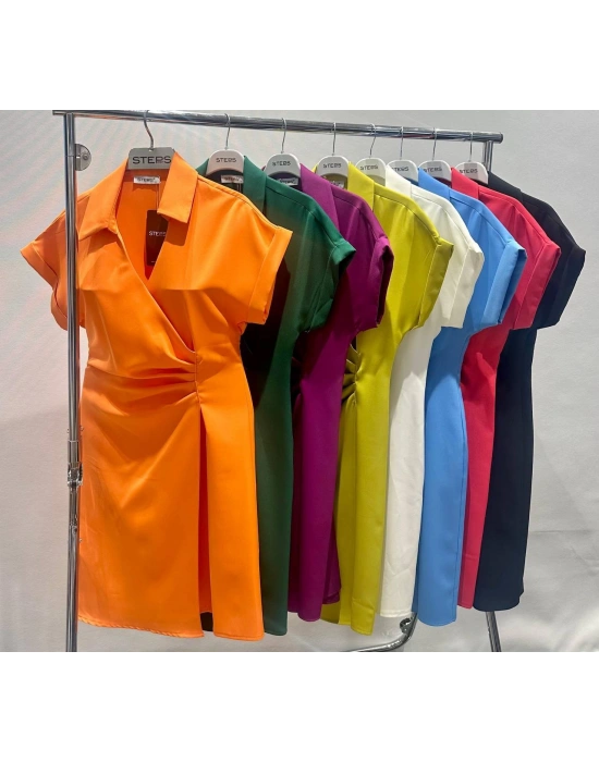 GÖMLEK YAKA DOUBLE KREP KUMAŞ ELBİSE YAĞ YEŞİLİ