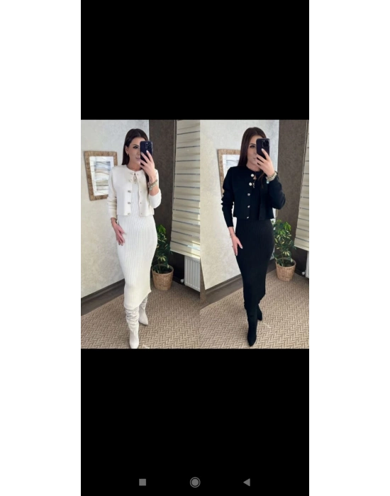 HIRKALI SIFIR YAKA GOLD DÜĞMELİ TRİKO ELBİSE-KREM