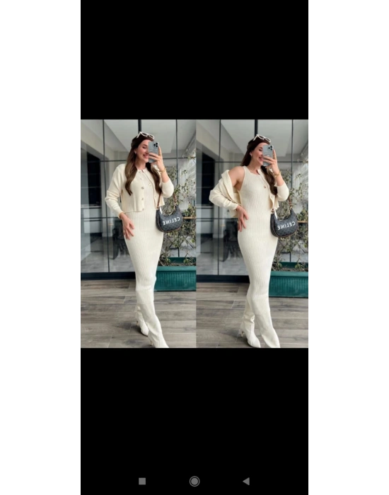 HIRKALI SIFIR YAKA GOLD DÜĞMELİ TRİKO ELBİSE-KREM