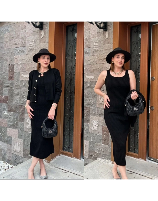 HIRKALI SIFIR YAKA GOLD DÜĞMELİ TRİKO ELBİSE-SİYAH