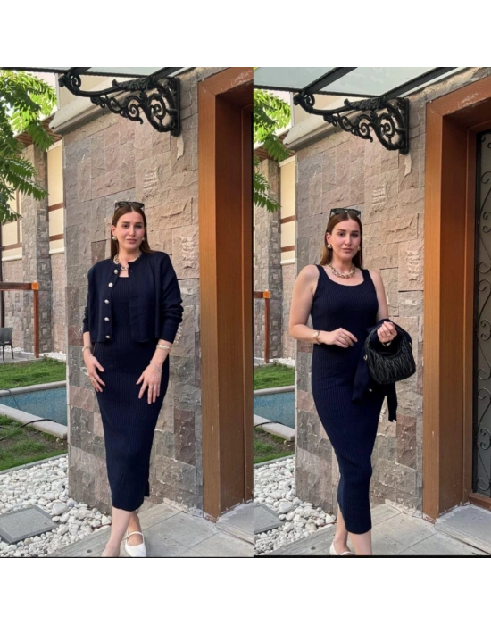 HIRKALI SIFIR YAKA GOLD DÜĞMELİ TRİKO ELBİSE-SİYAH