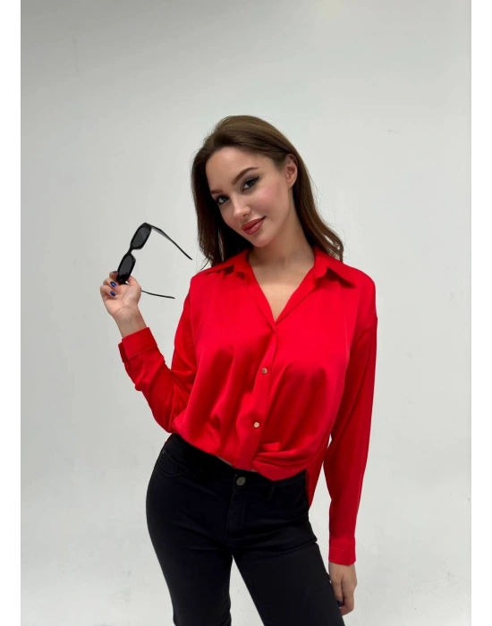 İpek Saten Düğümlü Gömlek-Orange