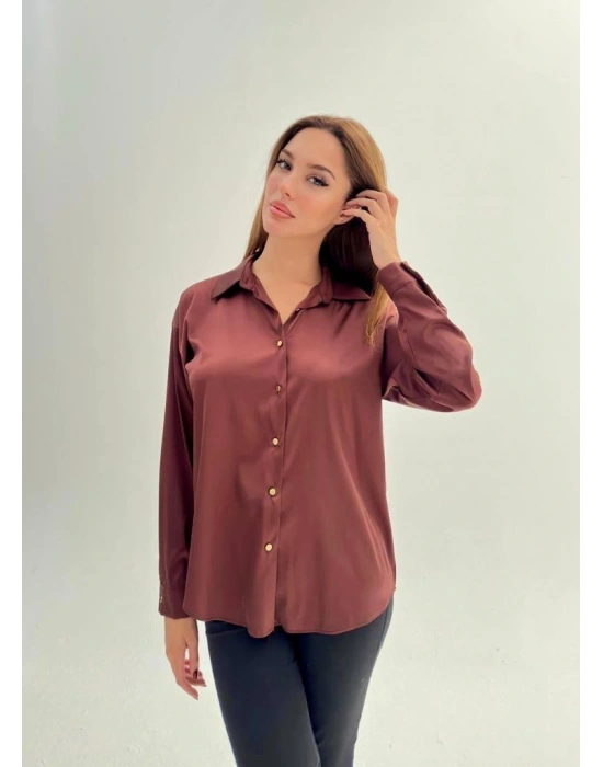 İpek Saten Düğümlü Gömlek-Kahve