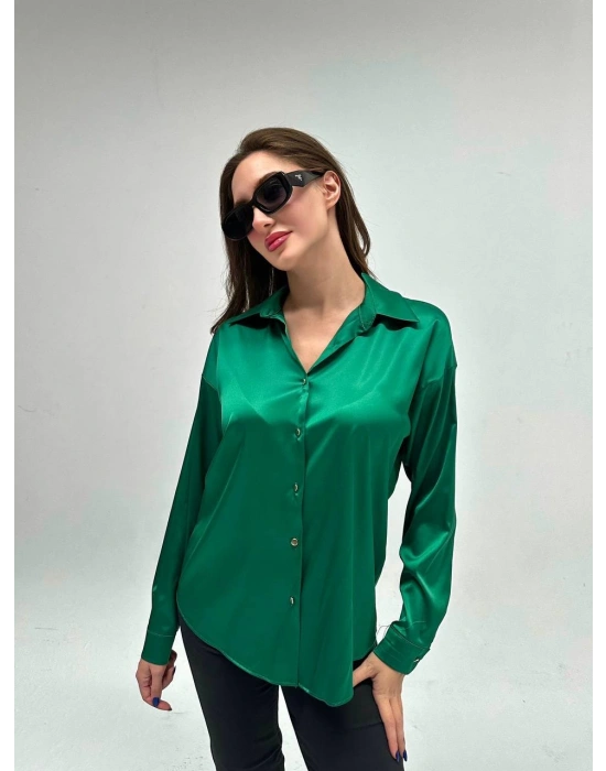 İpek Saten Gömlek-Zümrüt