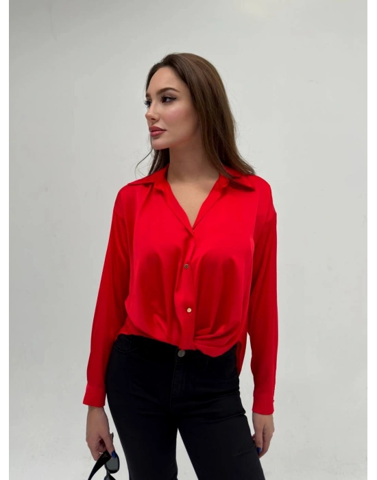 İpek Saten Gömlek-KIrmızı