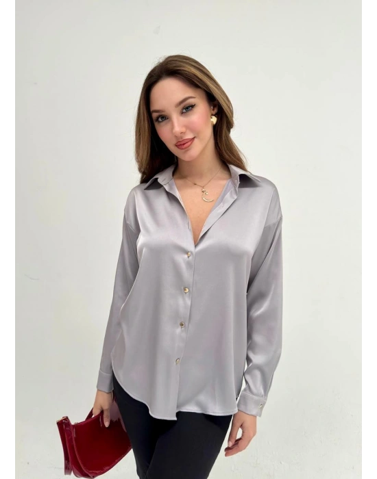 İpek Saten Gömlek - Gri