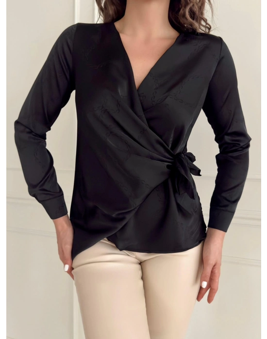 İpek Saten Kruvaze Gömlek-Siyah