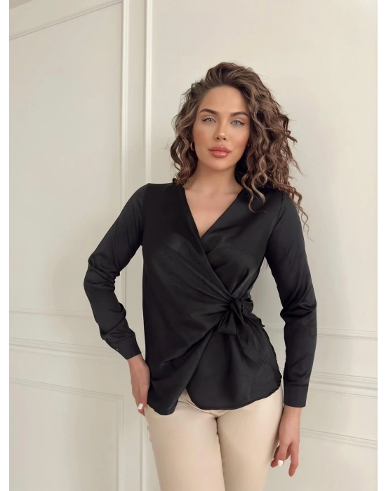 İpek Saten Kruvaze Gömlek-Siyah