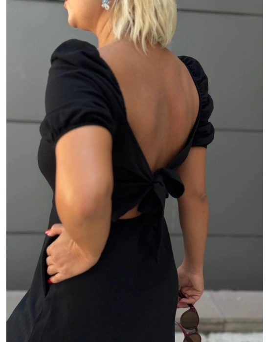 KETEN KUMAŞ BALON KOL SIRTI PENCERELİ ELBİSE SİYAH