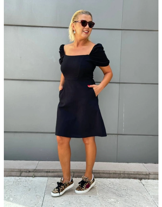 KETEN KUMAŞ BALON KOL SIRTI PENCERELİ ELBİSE SİYAH