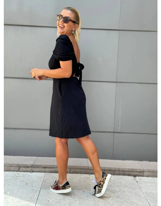 KETEN KUMAŞ BALON KOL SIRTI PENCERELİ ELBİSE SİYAH