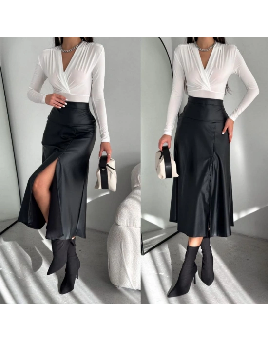 MİDİ BOY YIRTMAÇLI KORSAJLI DERİ ETEK SİYAH