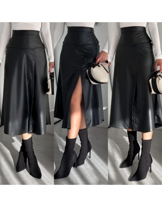 MİDİ BOY YIRTMAÇLI KORSAJLI DERİ ETEK SİYAH