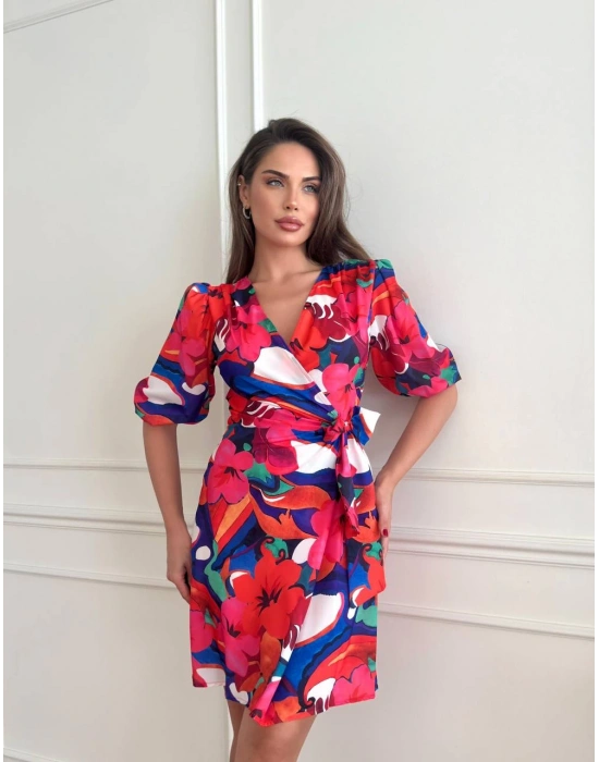 MOSS KREP ÇİÇEKLİ ELBİSE-MAVİ